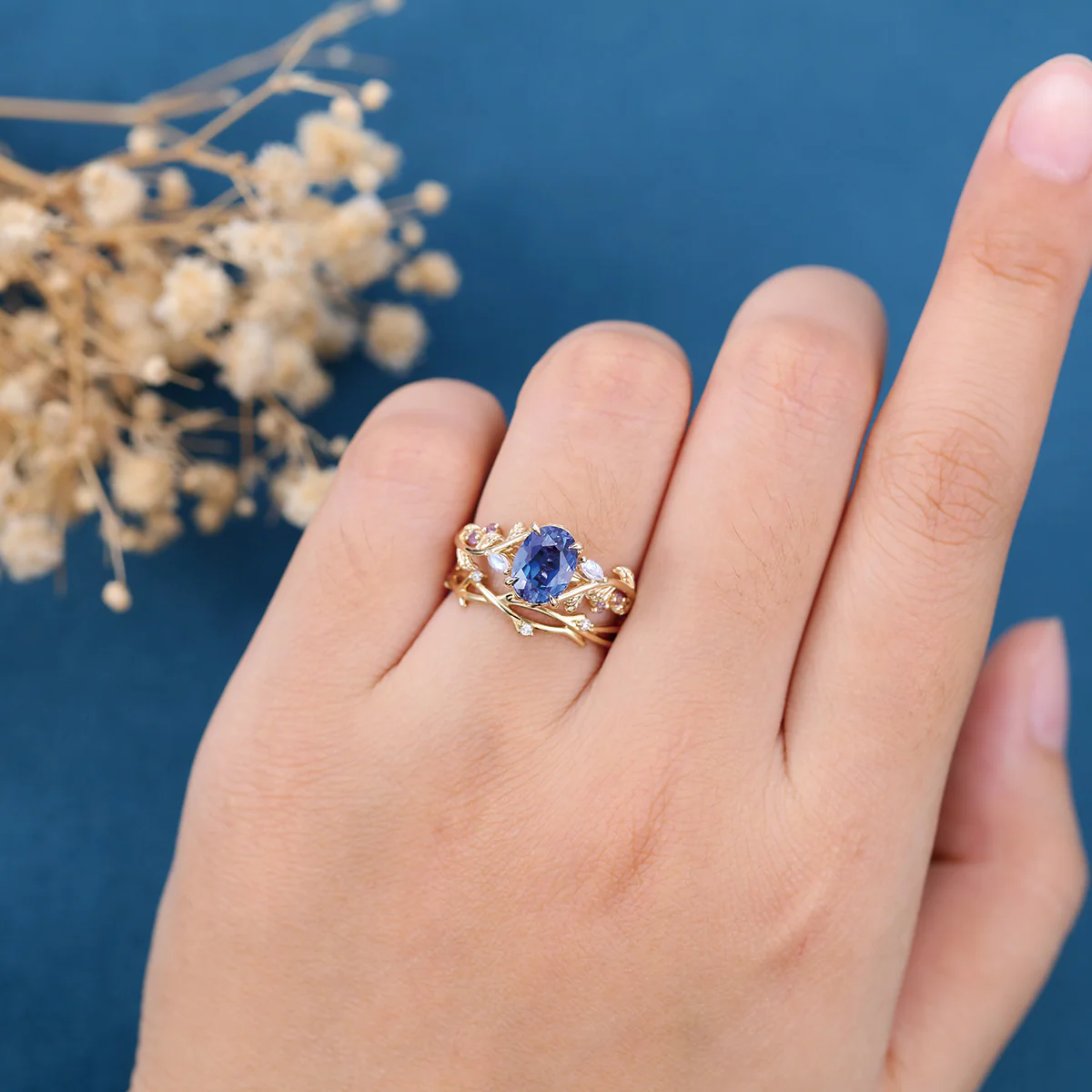 1.5Carat Oval Cut Lab Sapphire Leaf Wedding Bridal Set - Image 2