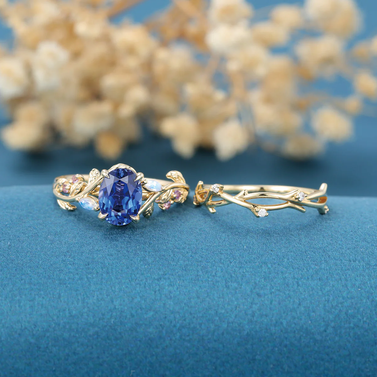 1.5Carat Oval Cut Lab Sapphire Leaf Wedding Bridal Set - Image 3
