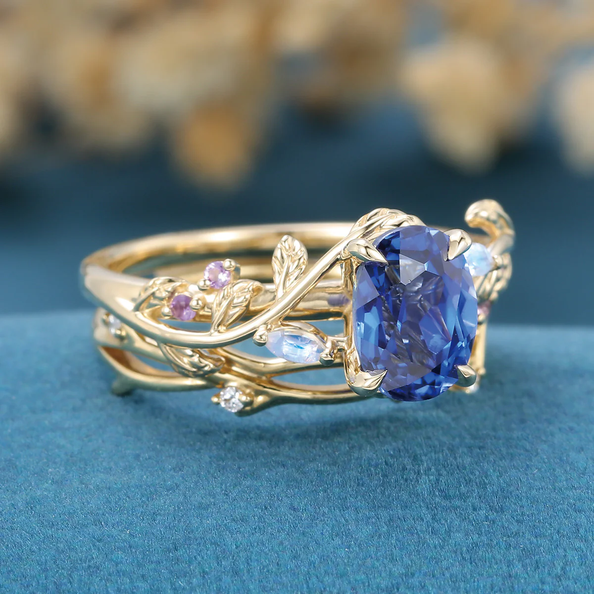 1.5Carat Oval Cut Lab Sapphire Leaf Wedding Bridal Set - Image 4