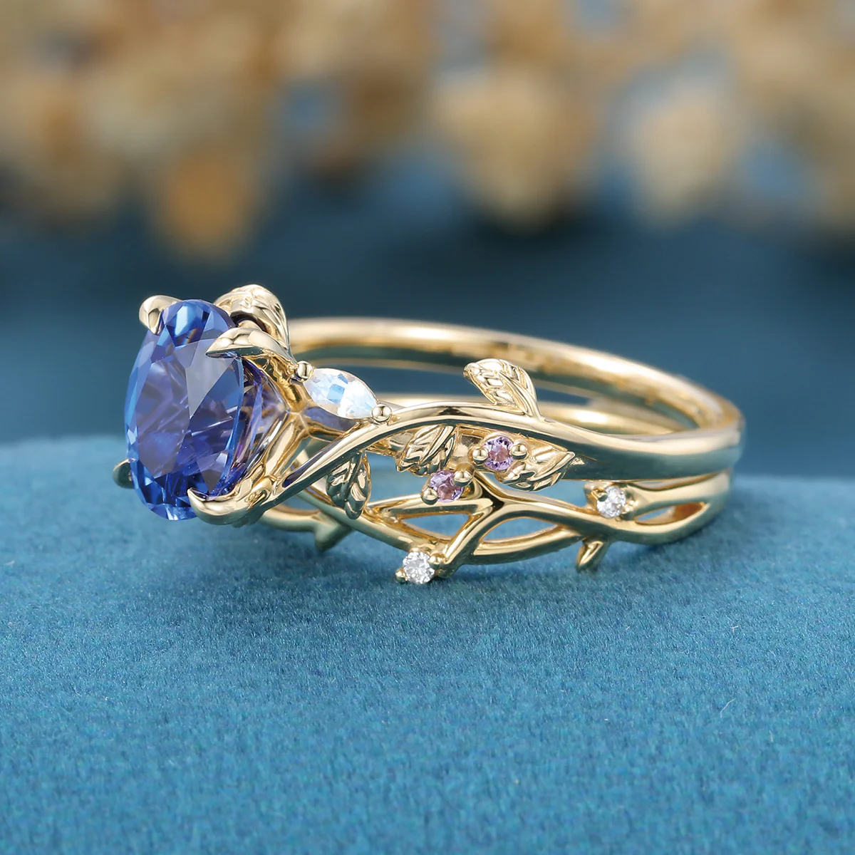 1.5Carat Oval Cut Lab Sapphire Leaf Wedding Bridal Set - Image 5