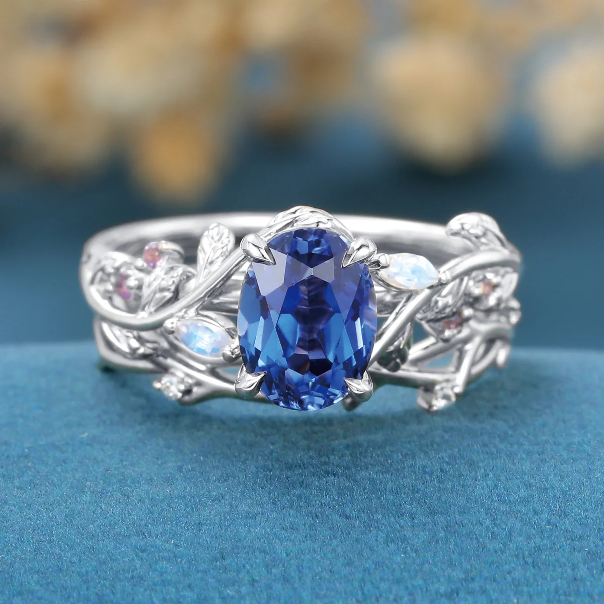 1.5Carat Oval Cut Lab Sapphire Leaf Wedding Bridal Set - Image 7