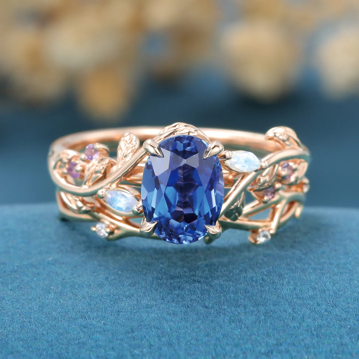 1.5Carat Oval Cut Lab Sapphire Leaf Wedding Bridal Set - Image 8