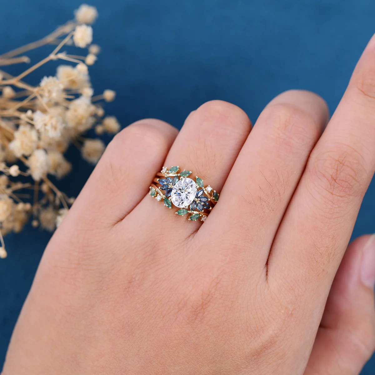 1.5Carat Oval Cut Moissanite+ Moss Cluster Engagement ring Bridal Set - Image 2