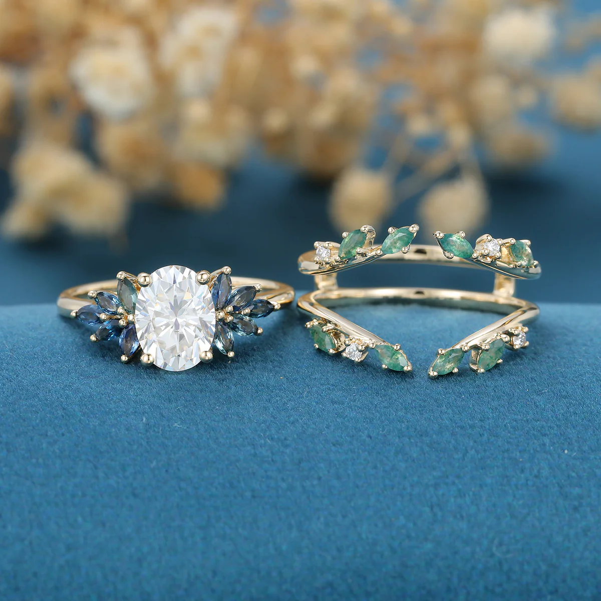 1.5Carat Oval Cut Moissanite+ Moss Cluster Engagement ring Bridal Set - Image 3