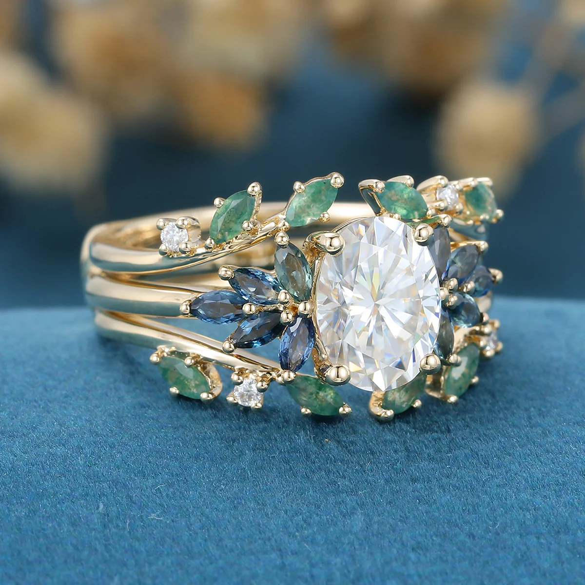 1.5Carat Oval Cut Moissanite+ Moss Cluster Engagement ring Bridal Set - Image 5