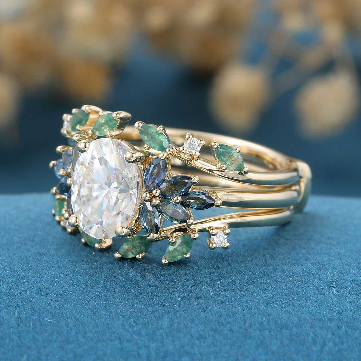 1.5Carat Oval Cut Moissanite+ Moss Cluster Engagement ring Bridal Set - Image 6