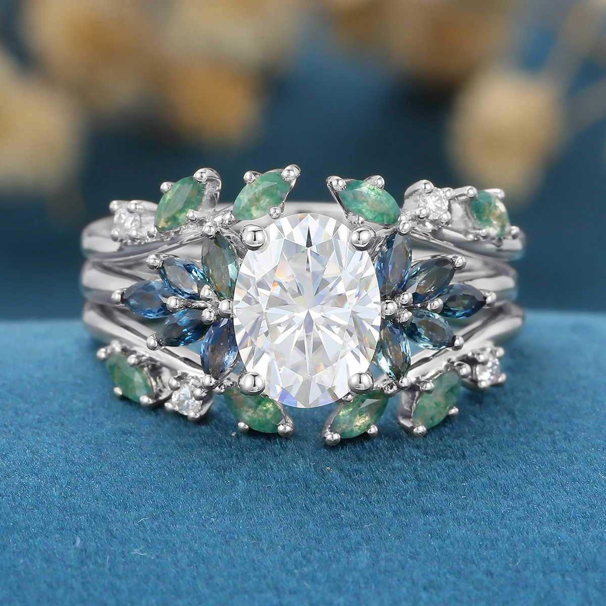 1.5Carat Oval Cut Moissanite+ Moss Cluster Engagement ring Bridal Set - Image 8