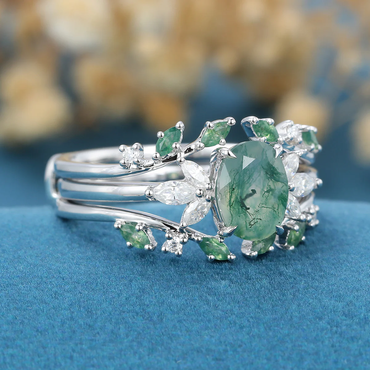 1.5Carat Oval Cut Moss Agate Cluster Engagement ring Bridal Set - Image 4