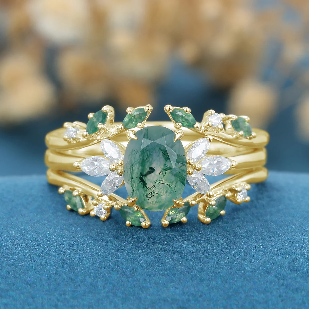 1.5Carat Oval Cut Moss Agate Cluster Engagement ring Bridal Set - Image 7