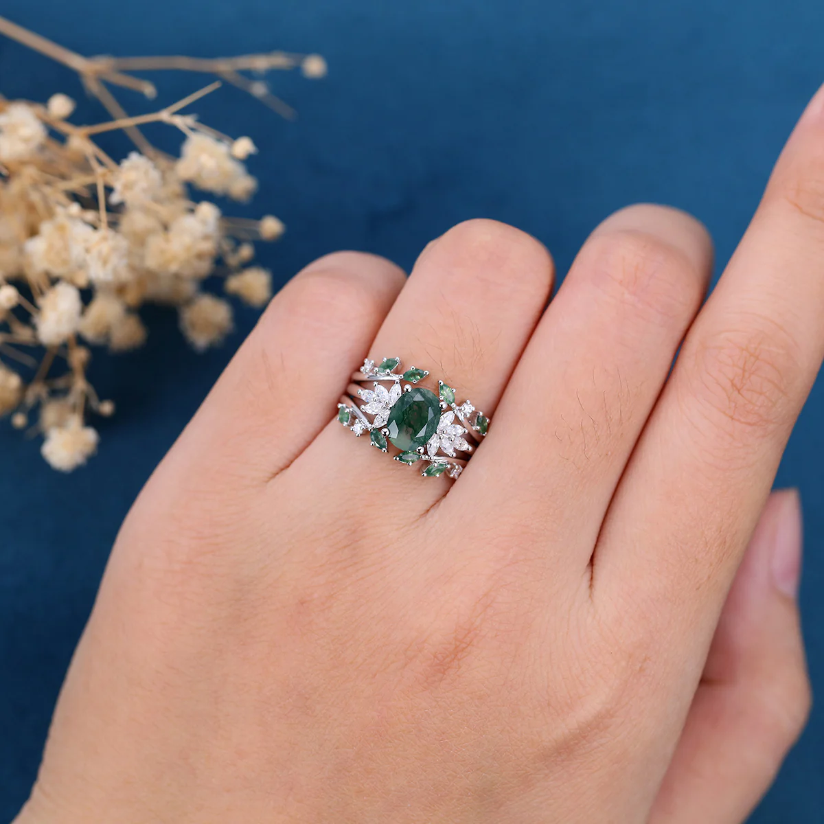 1.5Carat Oval Cut Moss Agate Cluster Engagement ring Bridal Set - Image 2