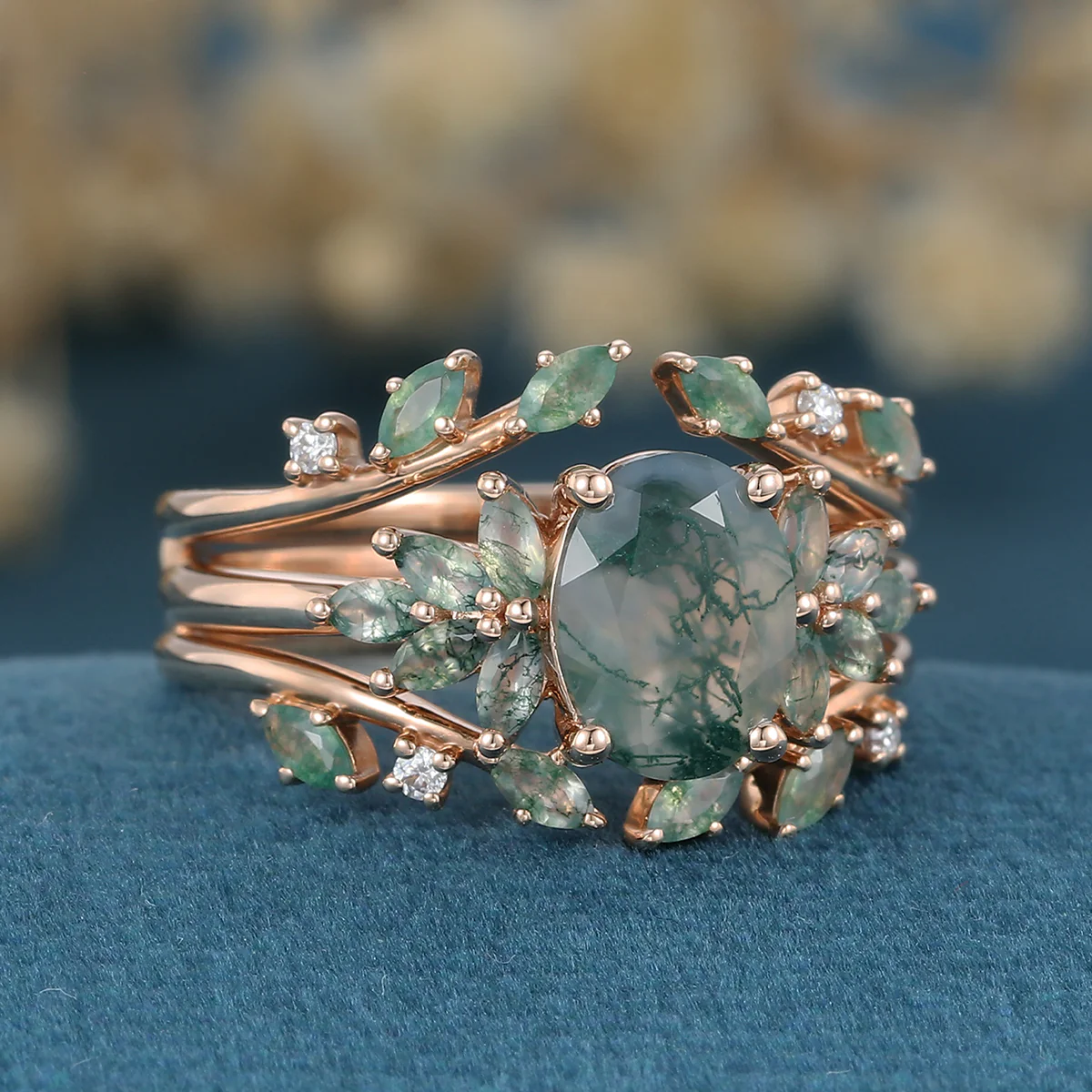 1.5Carat Oval Cut Moss Agate Cluster Engagement ring Bridal Set - Image 4