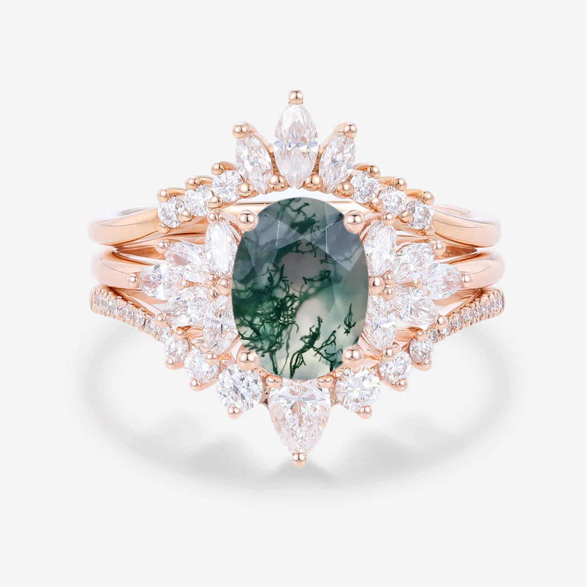 1.5Carat Oval cut Moss Agate Engagement Ring Set