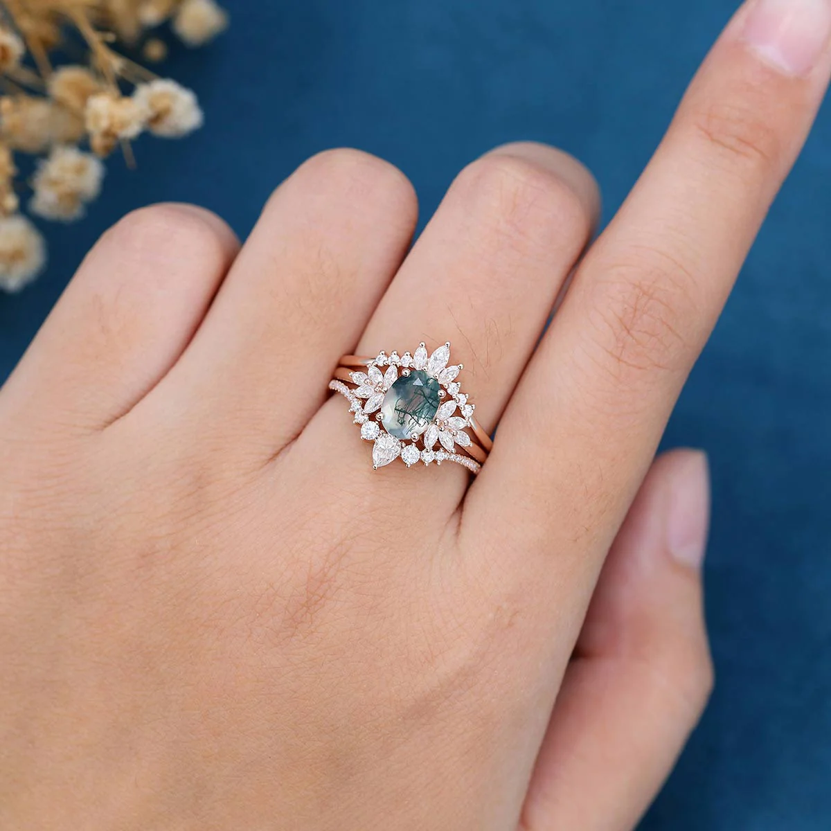 1.5Carat Oval cut Moss Agate Engagement Ring Set - Image 2