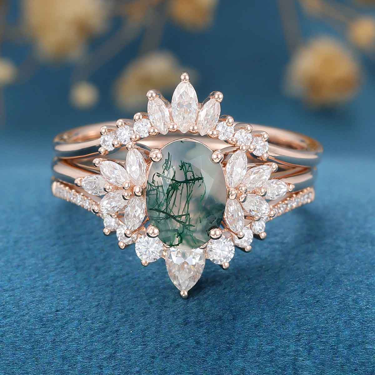 1.5Carat Oval cut Moss Agate Engagement Ring Set - Image 3