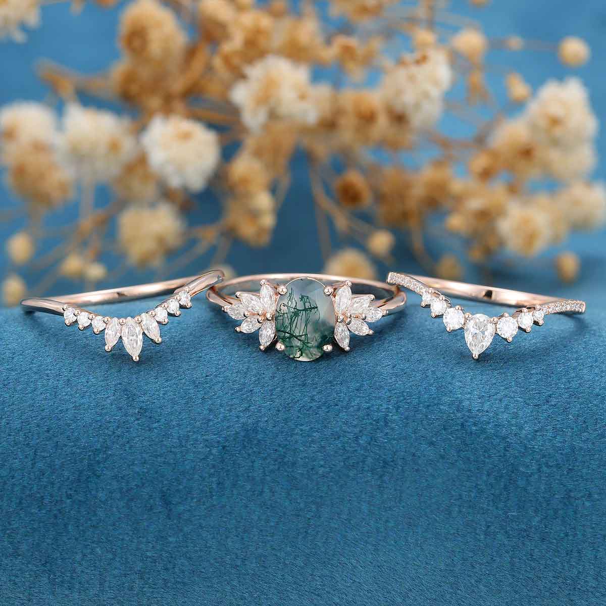 1.5Carat Oval cut Moss Agate Engagement Ring Set - Image 4