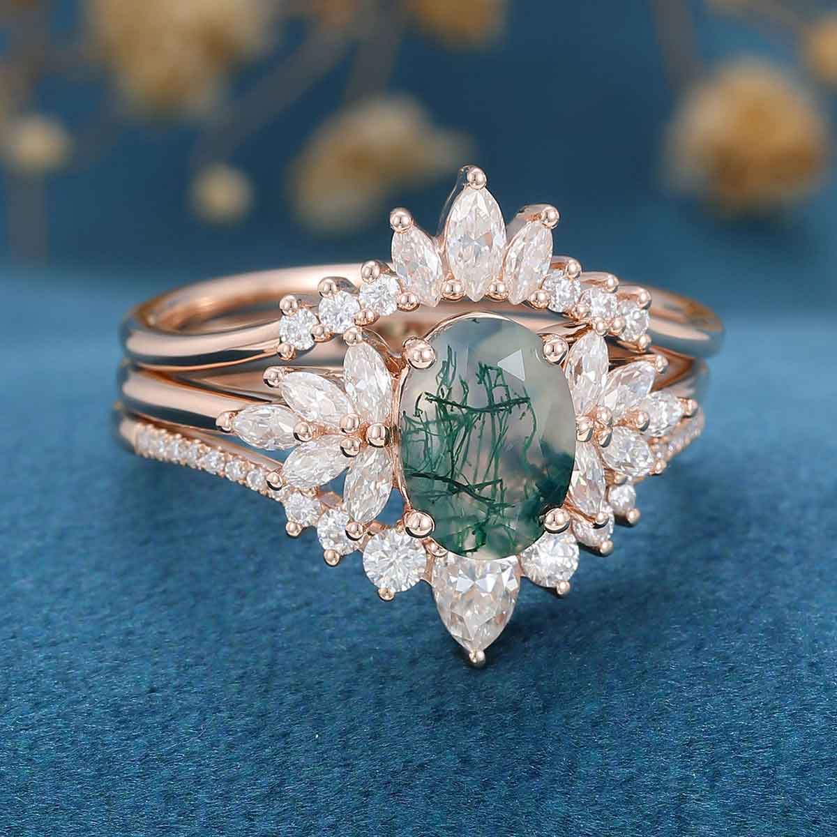 1.5Carat Oval cut Moss Agate Engagement Ring Set - Image 5