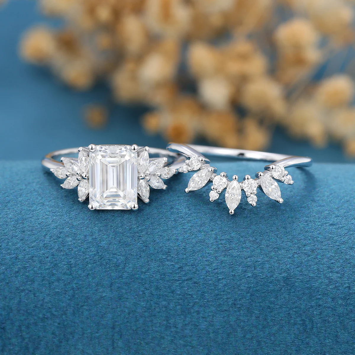 1.7Carat Vintage Emerald cut Moissanite Cluster Engagement Ring Set - Image 6
