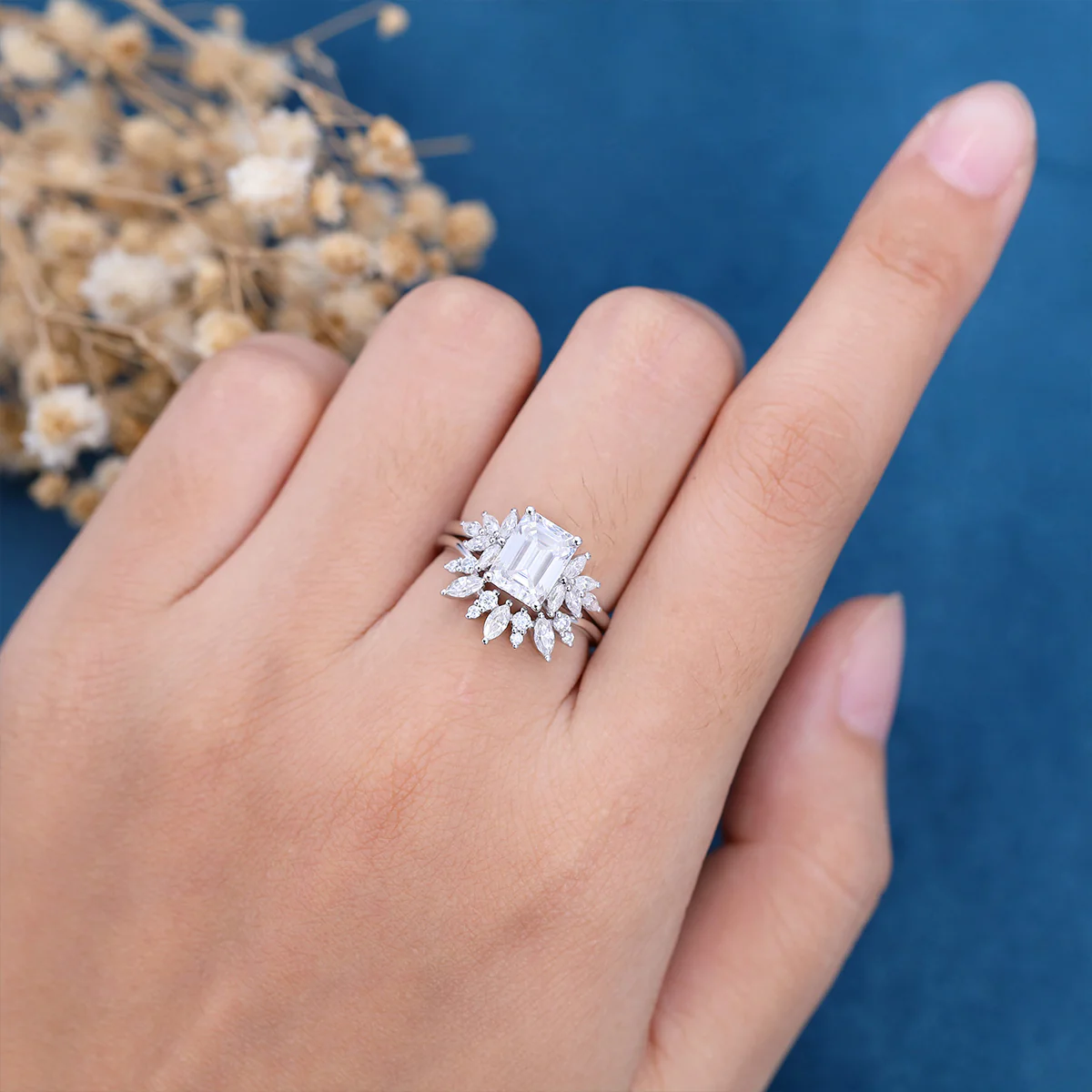 1.7Carat Vintage Emerald cut Moissanite Cluster Engagement Ring Set - Image 7