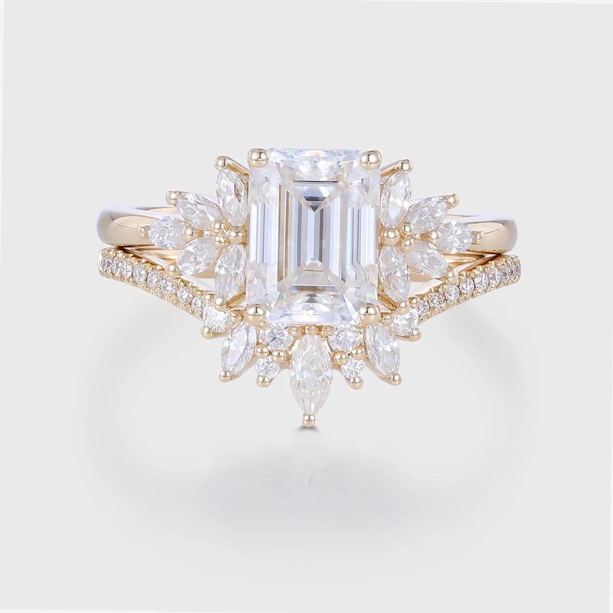 1.7Carat Vintage Emerald cut Moissanite Cluster Engagement Ring Set