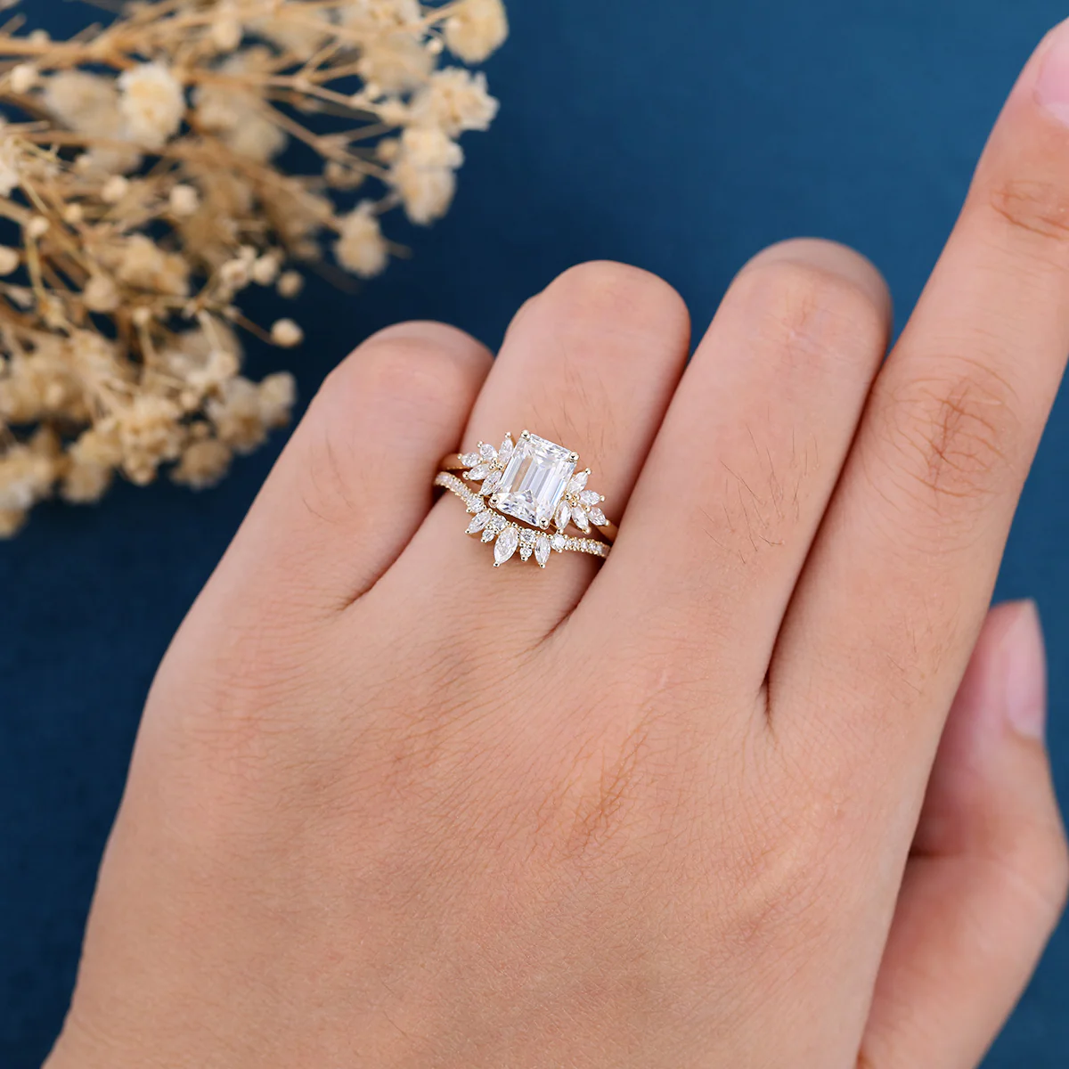 1.7Carat Vintage Emerald cut Moissanite Cluster Engagement Ring Set - Image 2