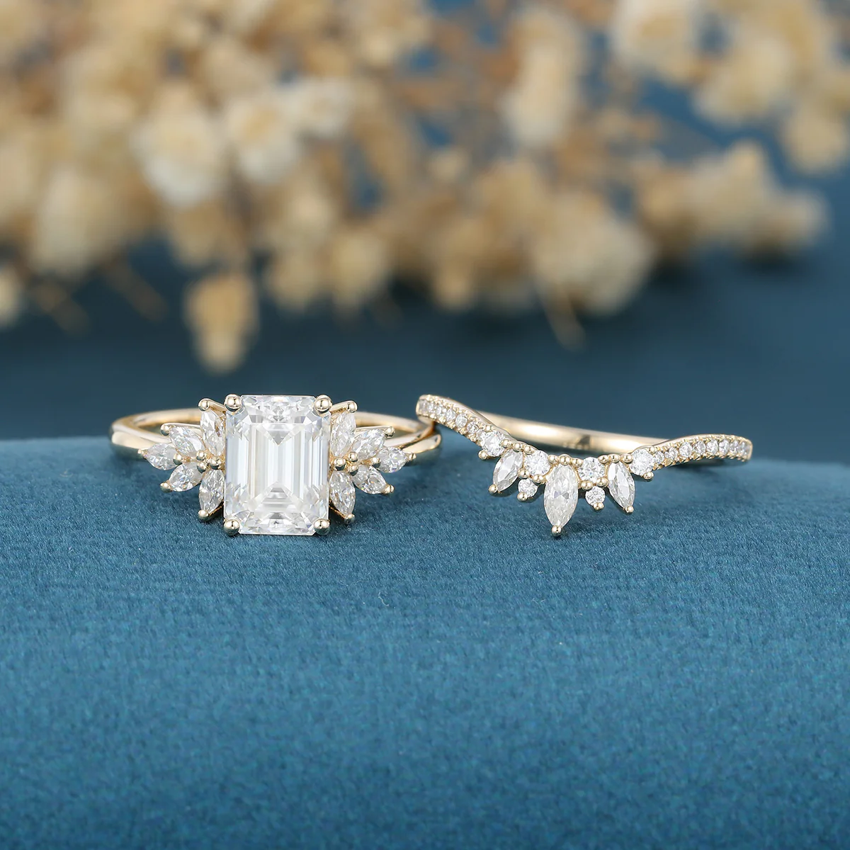1.7Carat Vintage Emerald cut Moissanite Cluster Engagement Ring Set - Image 3