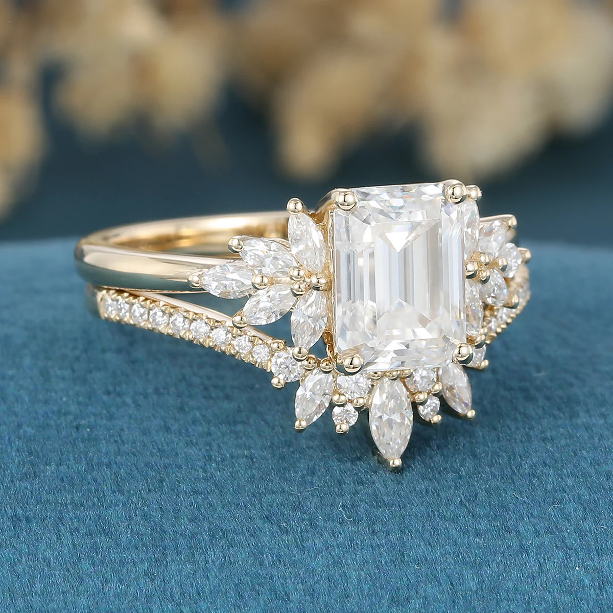 1.7Carat Vintage Emerald cut Moissanite Cluster Engagement Ring Set - Image 5