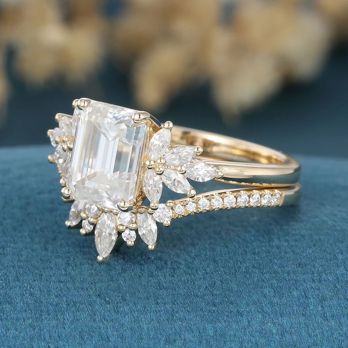 1.7Carat Vintage Emerald cut Moissanite Cluster Engagement Ring Set - Image 6