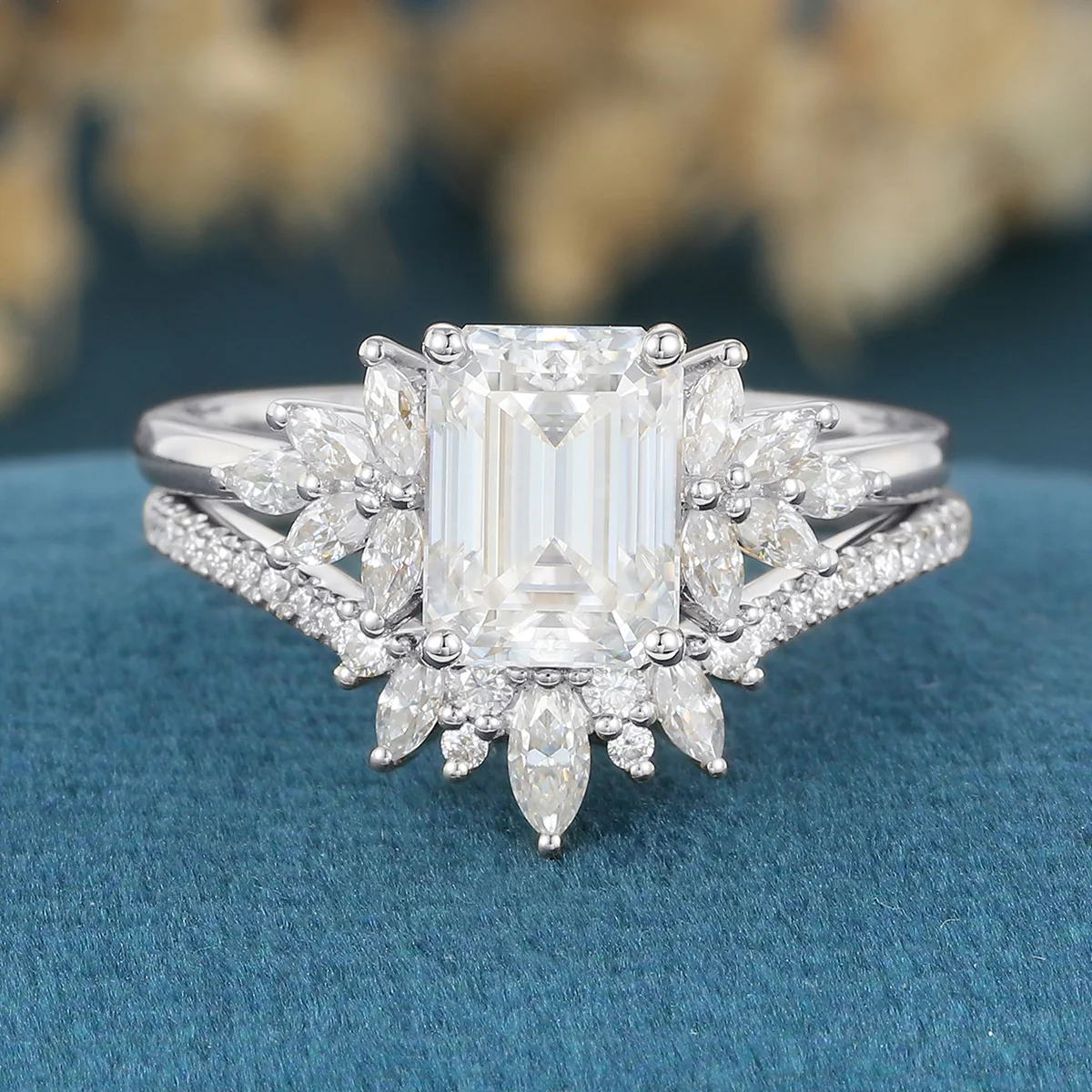 1.7Carat Vintage Emerald cut Moissanite Cluster Engagement Ring Set - Image 7