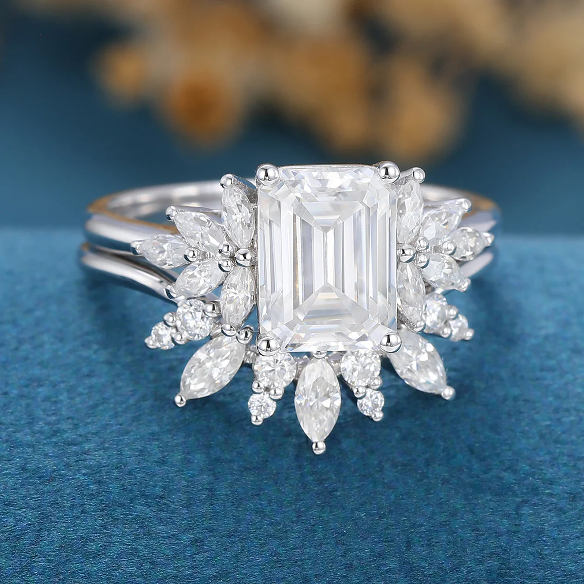 1.7Carat Vintage Emerald cut Moissanite Cluster Engagement Ring Set - Image 8
