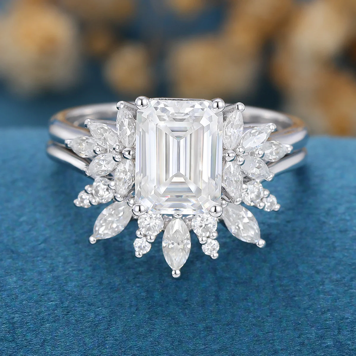 1.7Carat Vintage Emerald cut Moissanite Cluster Engagement Ring Set - Image 9