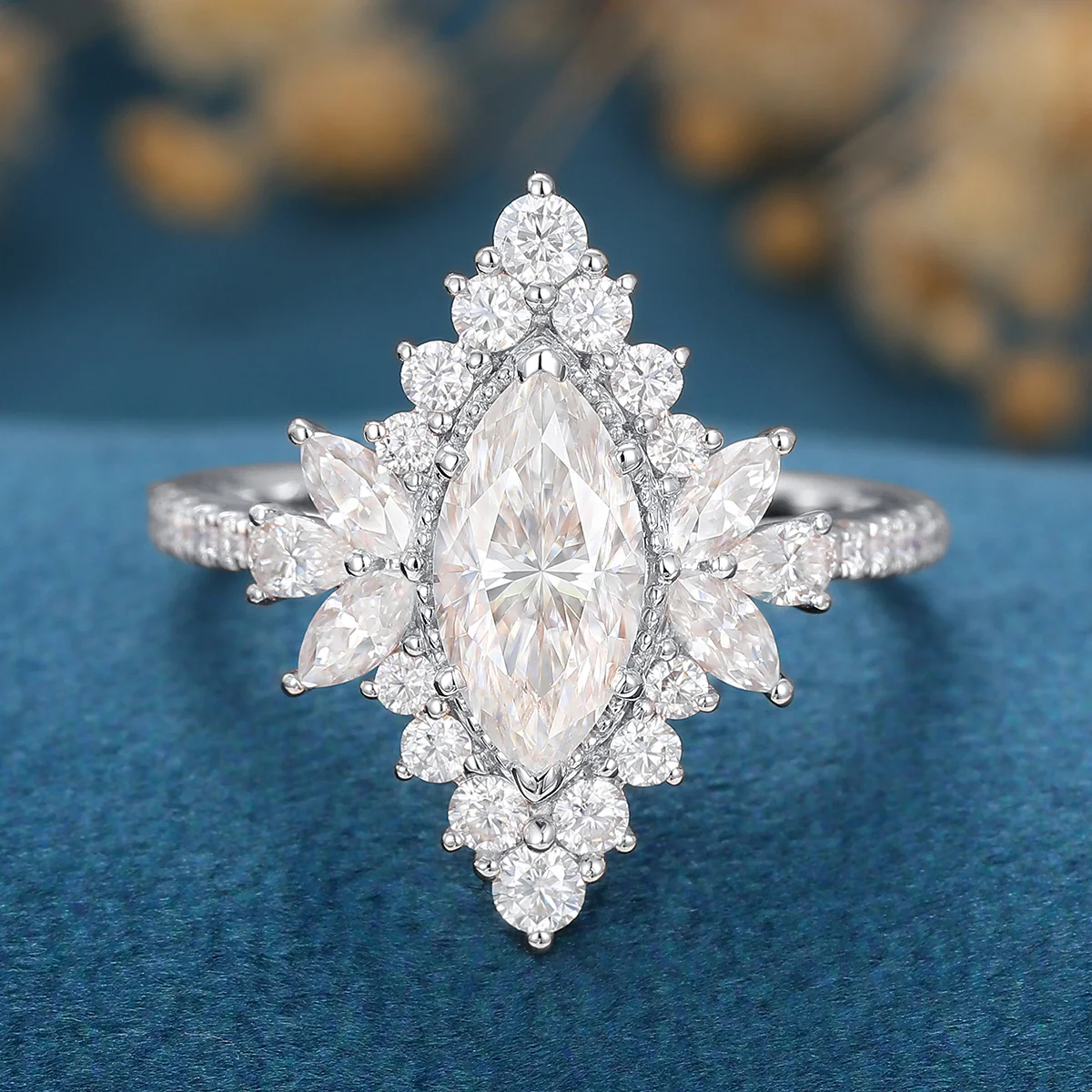 1 Carat Marquise cut Moissanite Halo Cluster Engagement Ring - Image 11