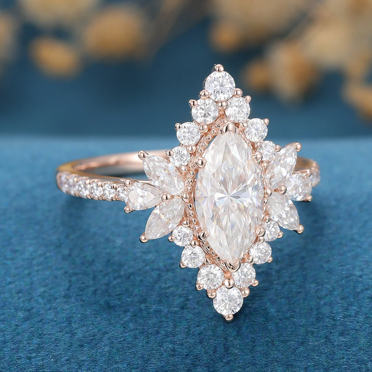 1 Carat Marquise cut Moissanite Halo Cluster Engagement Ring - Image 6