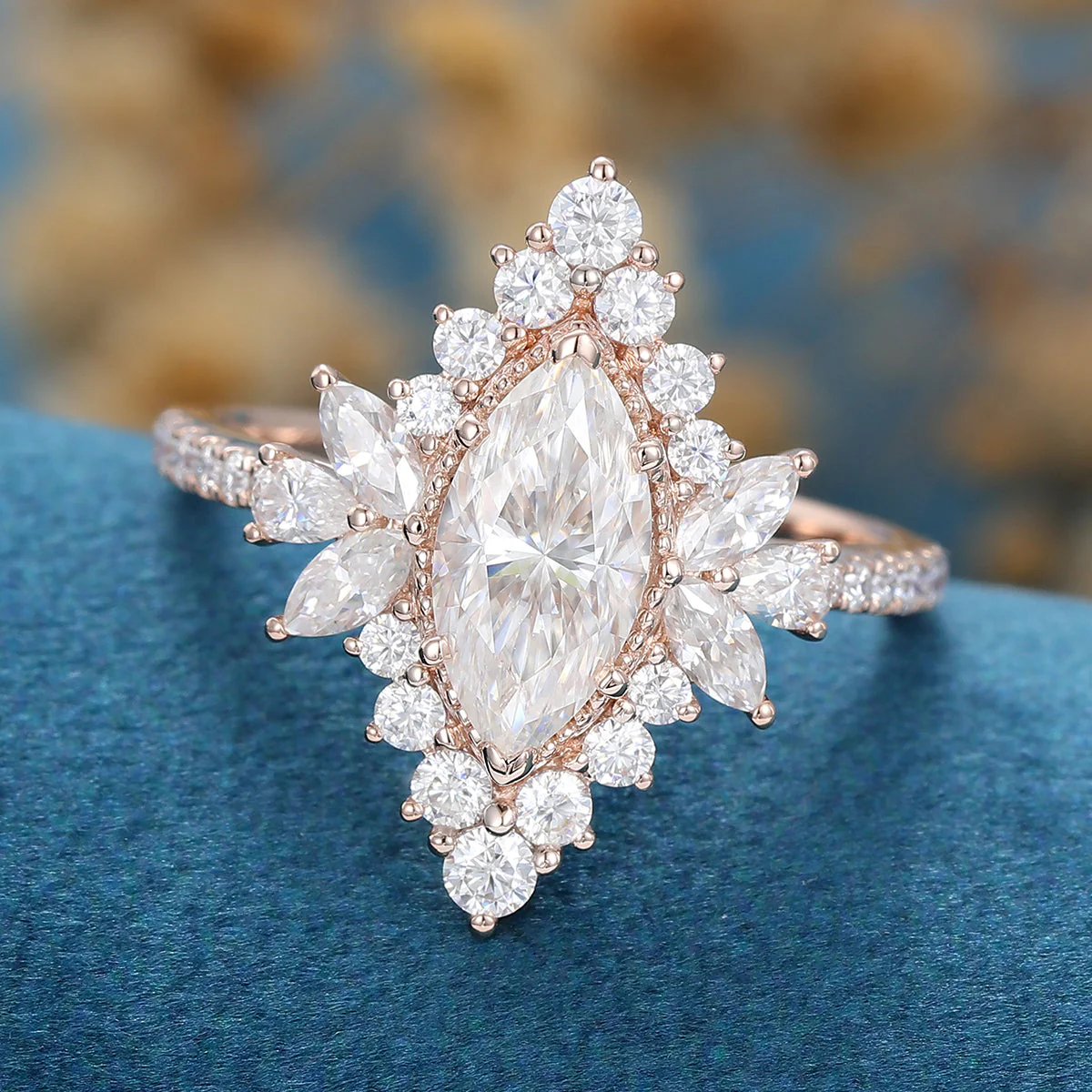 1 Carat Marquise cut Moissanite Halo Cluster Engagement Ring - Image 7