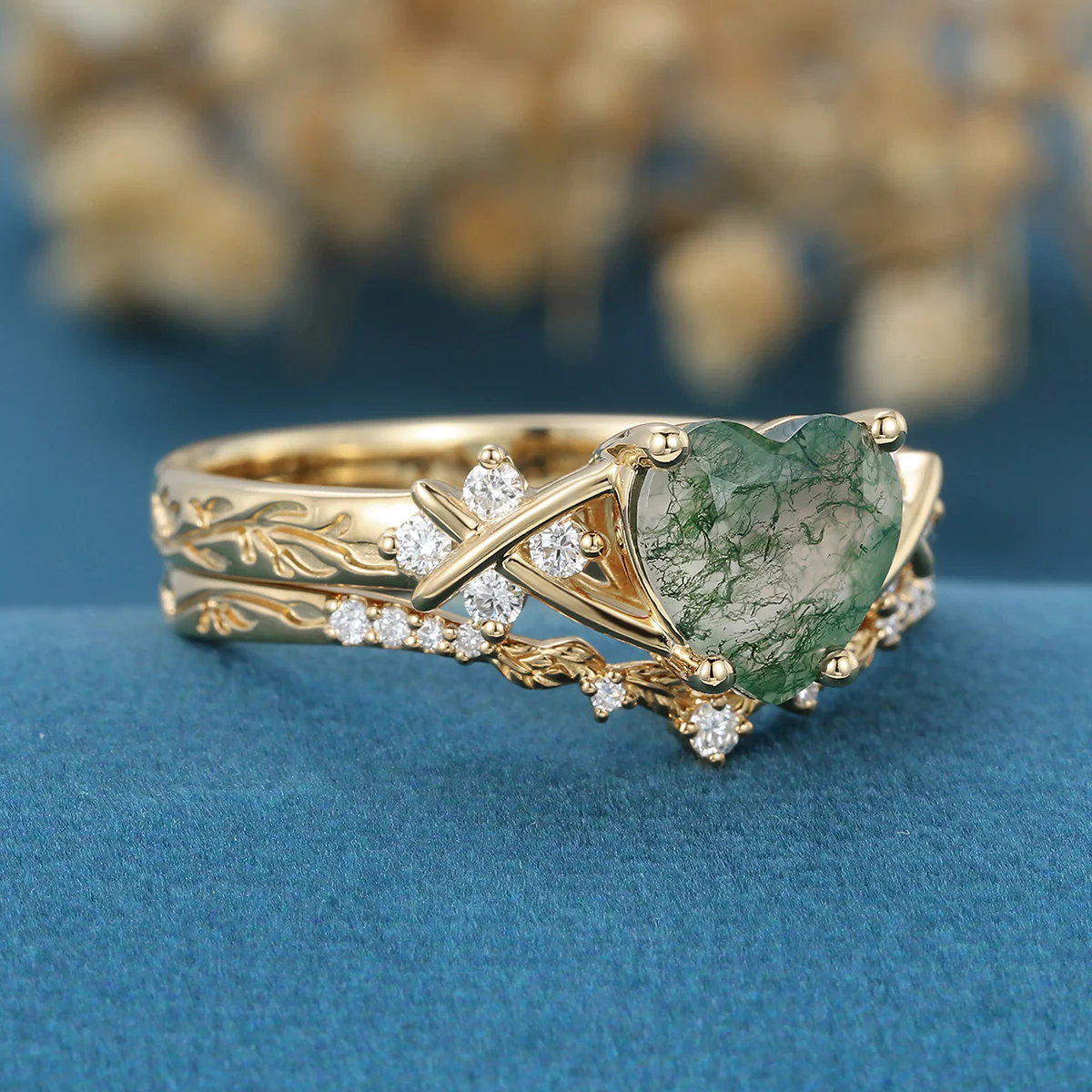 2.0 Carat Heart cut Moss Agate Bridal Set - Image 3