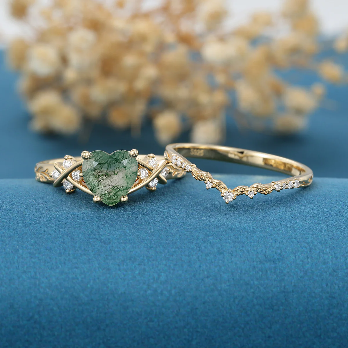 2.0 Carat Heart cut Moss Agate Bridal Set - Image 5