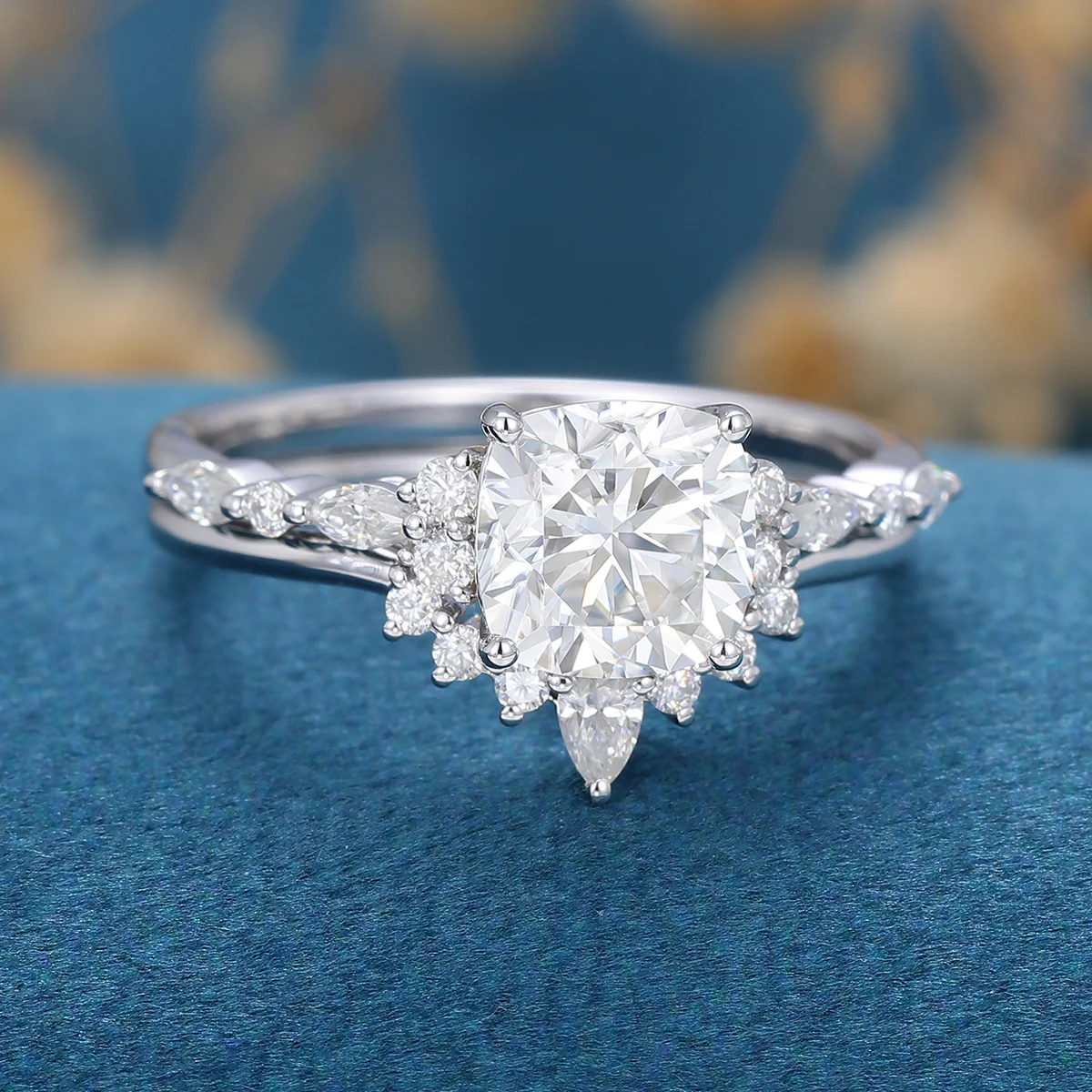 Cushion cut 1.25 Carat Moissanite Halo  Engagement Ring Bridal Set - Image 4