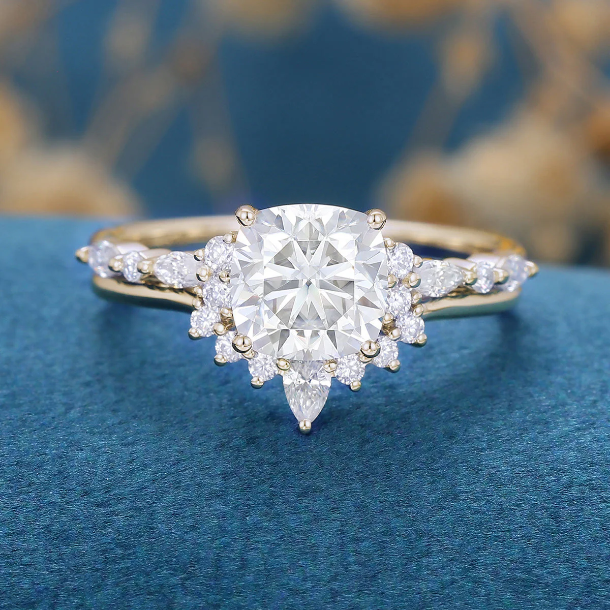 Cushion cut 1.25 Carat Moissanite Halo  Engagement Ring Bridal Set - Image 5