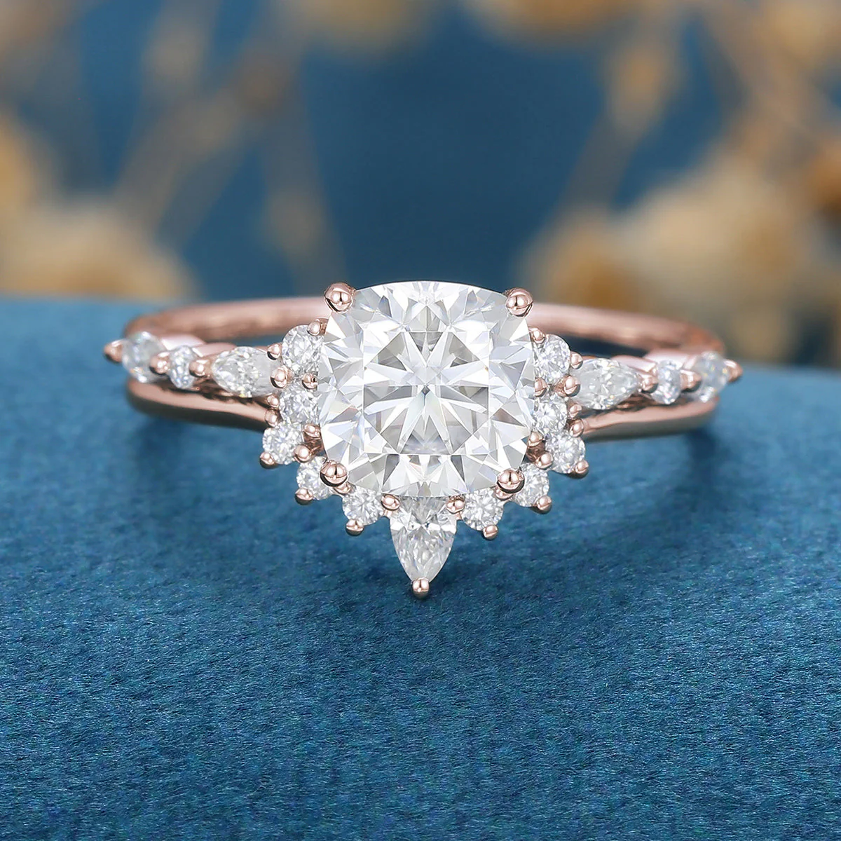 Cushion cut 1.25 Carat Moissanite Halo  Engagement Ring Bridal Set - Image 6