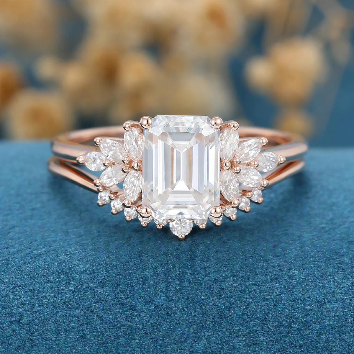 1.7Carat Emerald cut Moissanite Cluster Engagement ring Bridal Set - Image 3