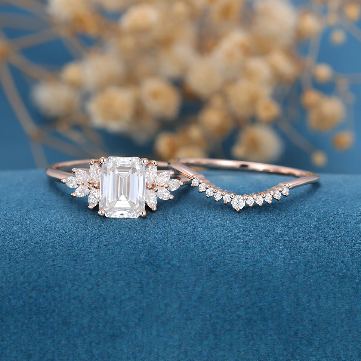 1.7Carat Emerald cut Moissanite Cluster Engagement ring Bridal Set - Image 4