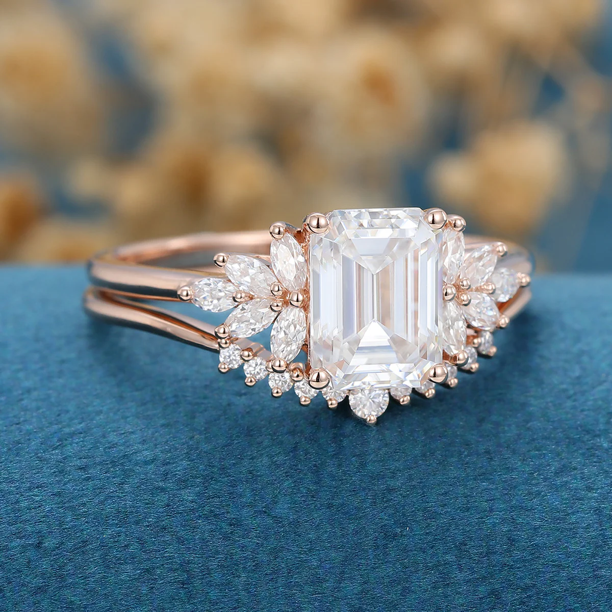 1.7Carat Emerald cut Moissanite Cluster Engagement ring Bridal Set - Image 5