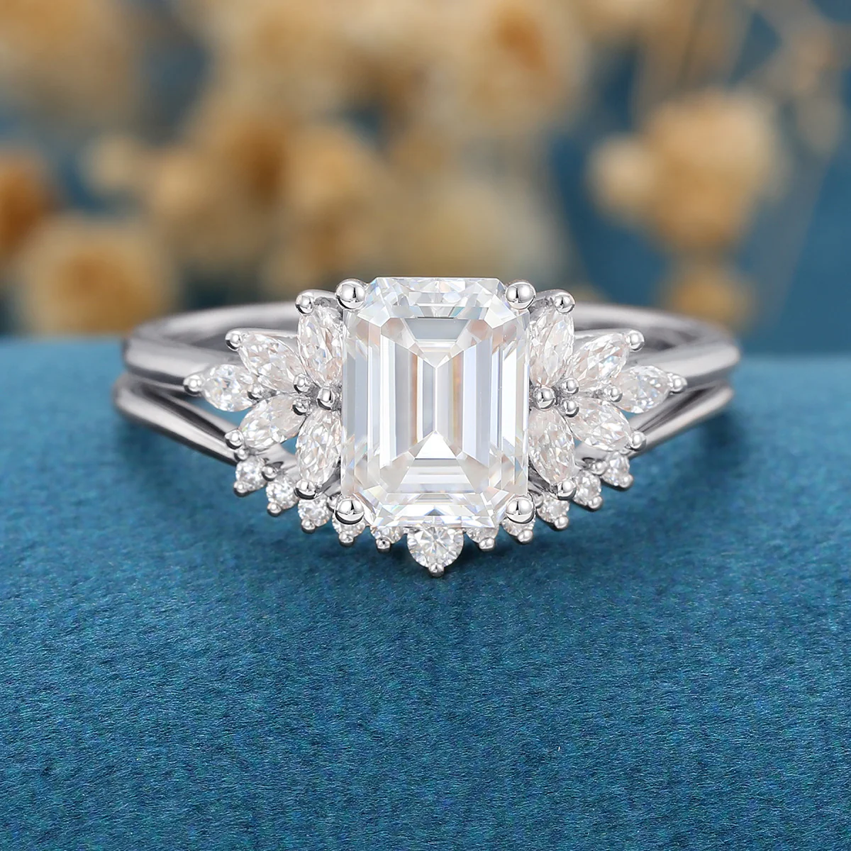 1.7Carat Emerald cut Moissanite Cluster Engagement ring Bridal Set - Image 6