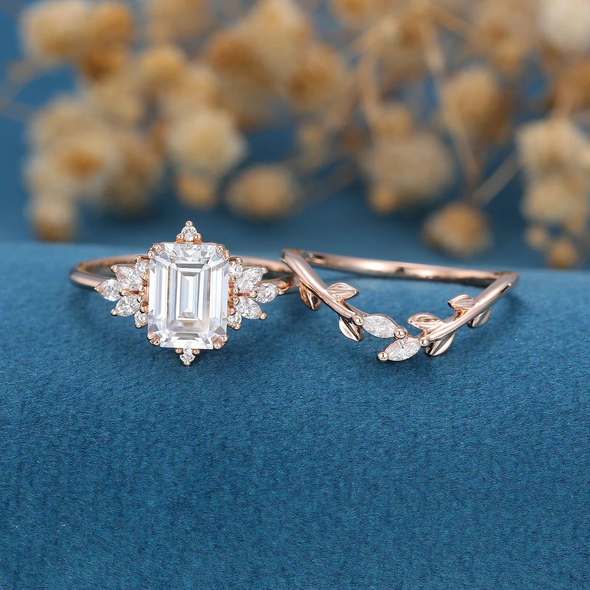 1.7Carat Emerald cut  Moissanite cluster Engagement Bridal Set - Image 3