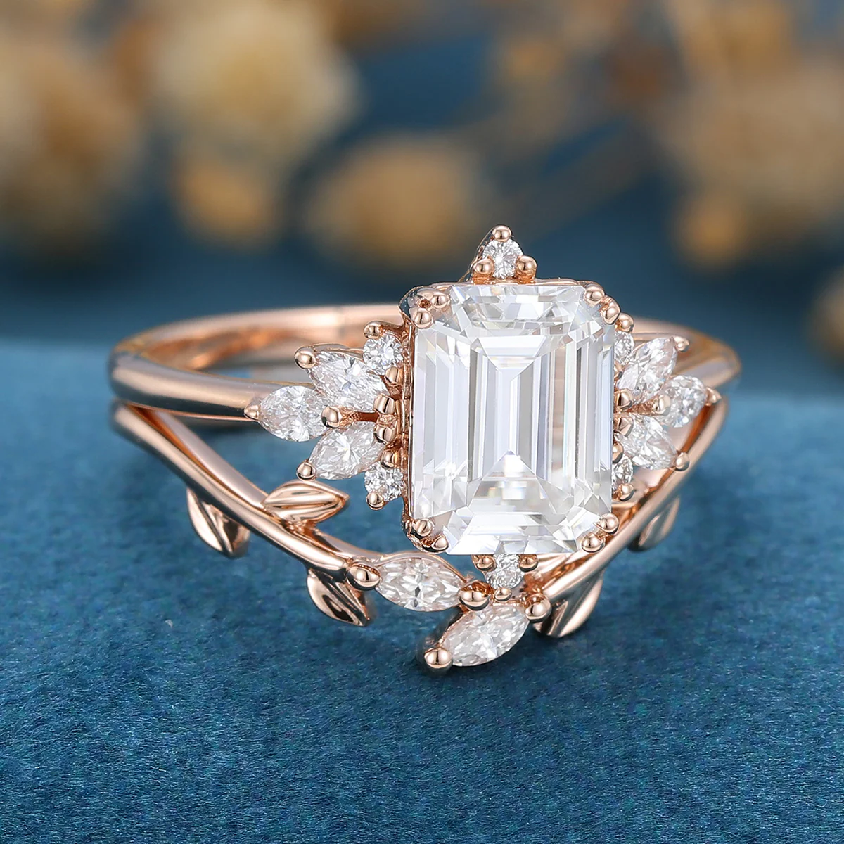 1.7Carat Emerald cut  Moissanite cluster Engagement Bridal Set - Image 4