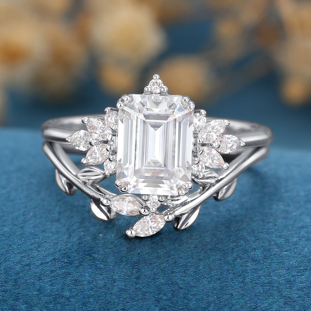 1.7Carat Emerald cut  Moissanite cluster Engagement Bridal Set - Image 5