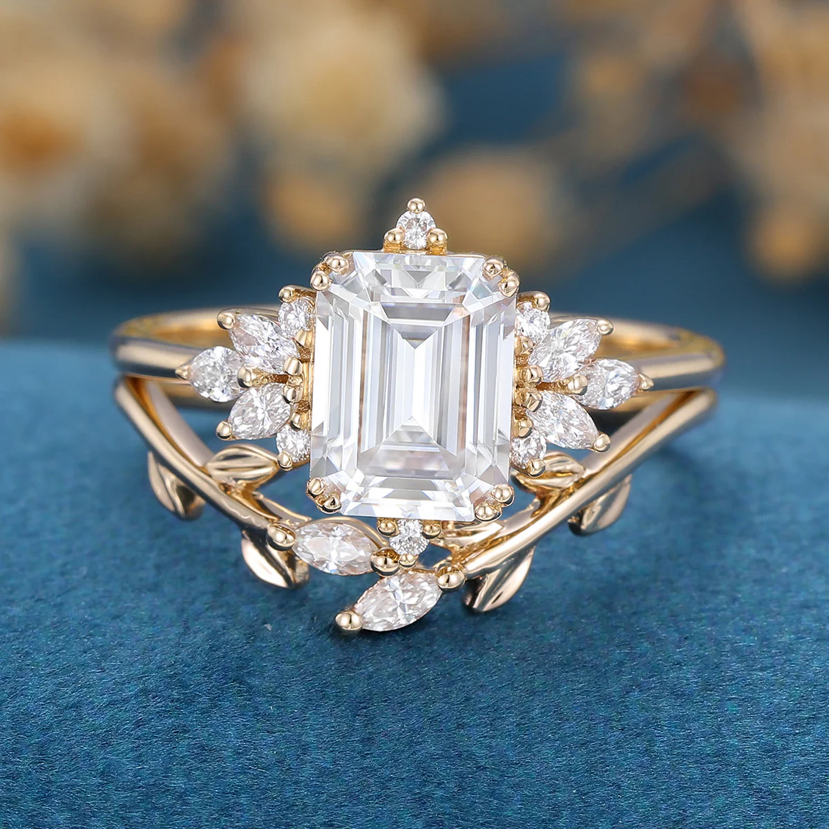 1.7Carat Emerald cut  Moissanite cluster Engagement Bridal Set - Image 6