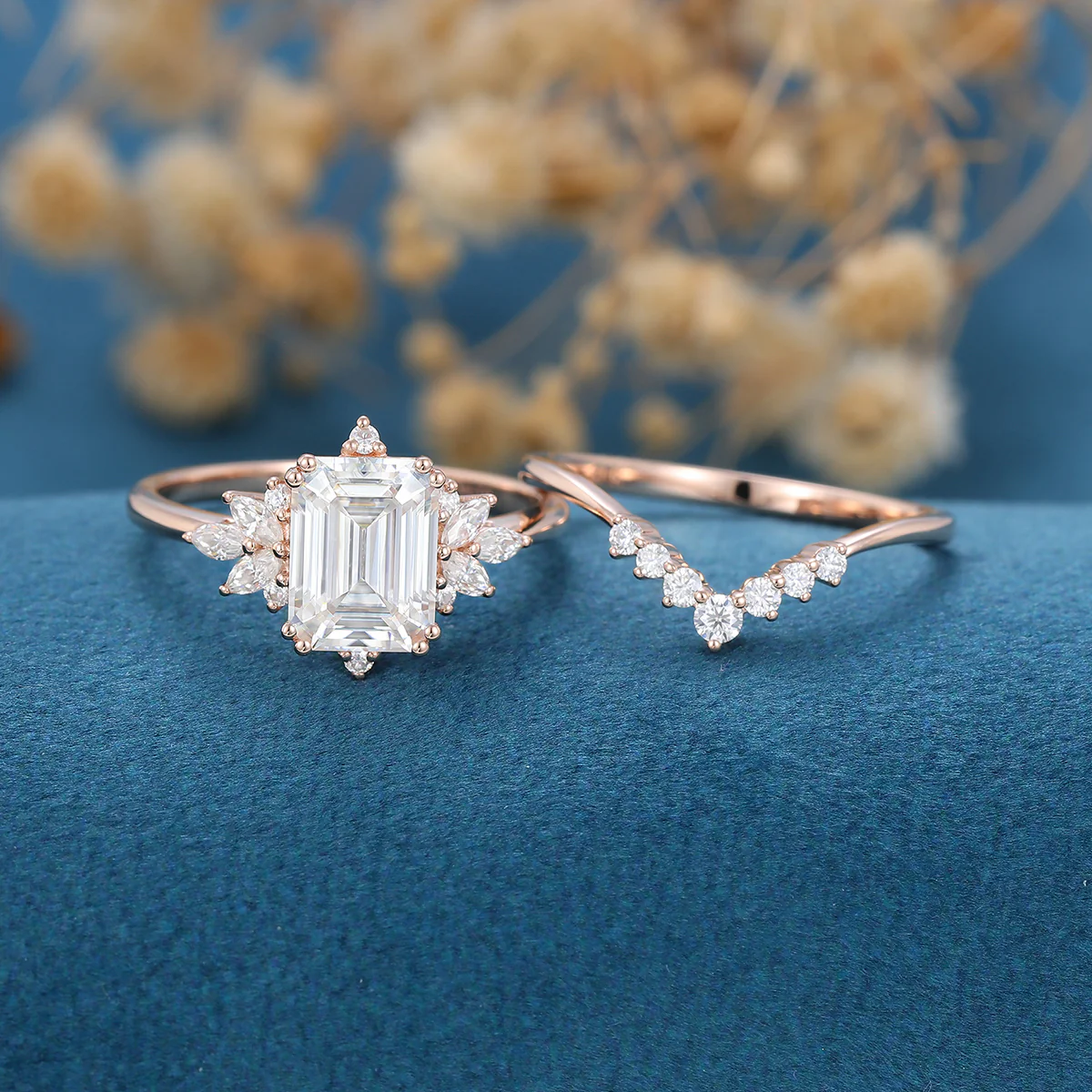 Emerald cut Moissanite Cluster Engagement ring Bridal Set - Image 3