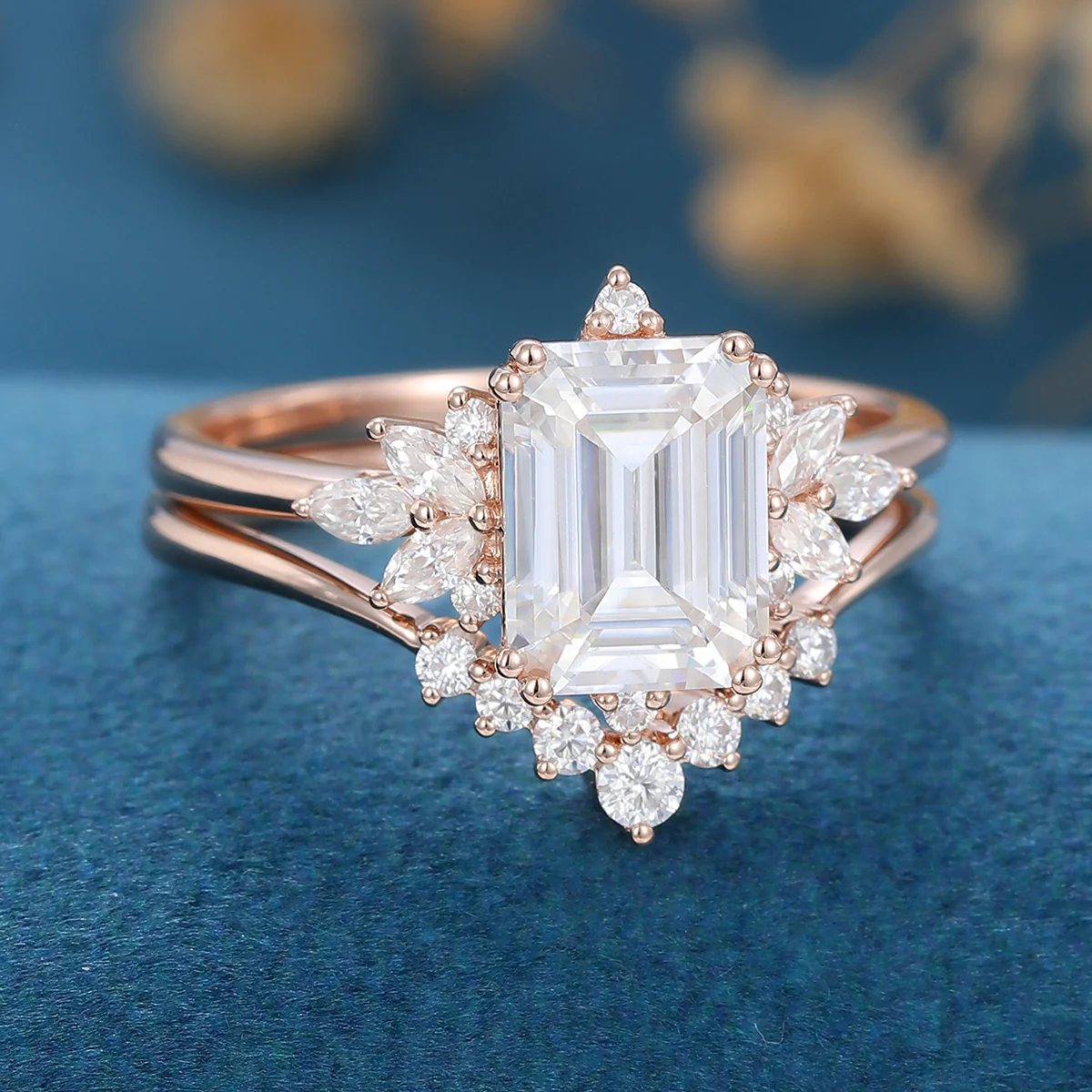Emerald cut Moissanite Cluster Engagement ring Bridal Set - Image 4