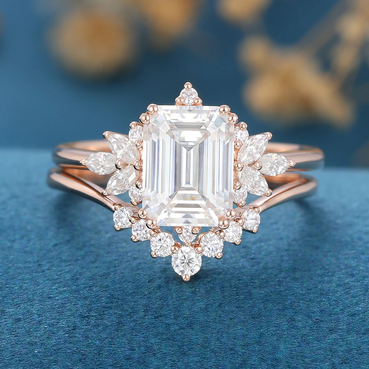 Emerald cut Moissanite Cluster Engagement ring Bridal Set - Image 5