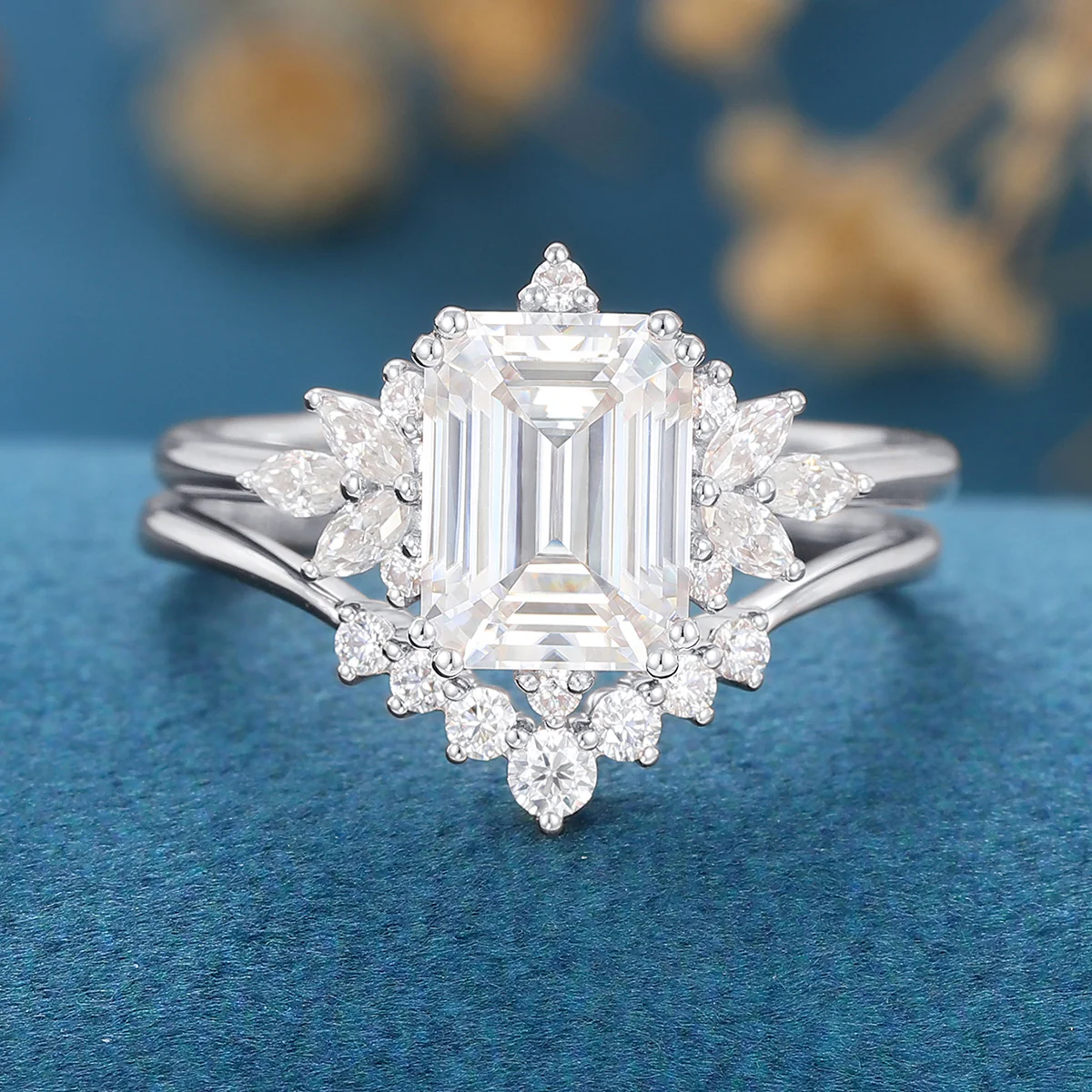 Emerald cut Moissanite Cluster Engagement ring Bridal Set - Image 6